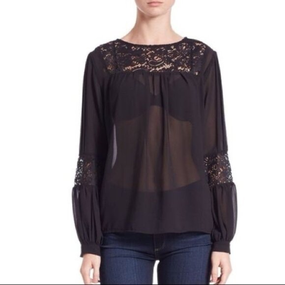 REVOLVE For Love & Lemons Sacramento Blouse Black Sheer Lace Long Sleeves Small - Picture 2 of 16